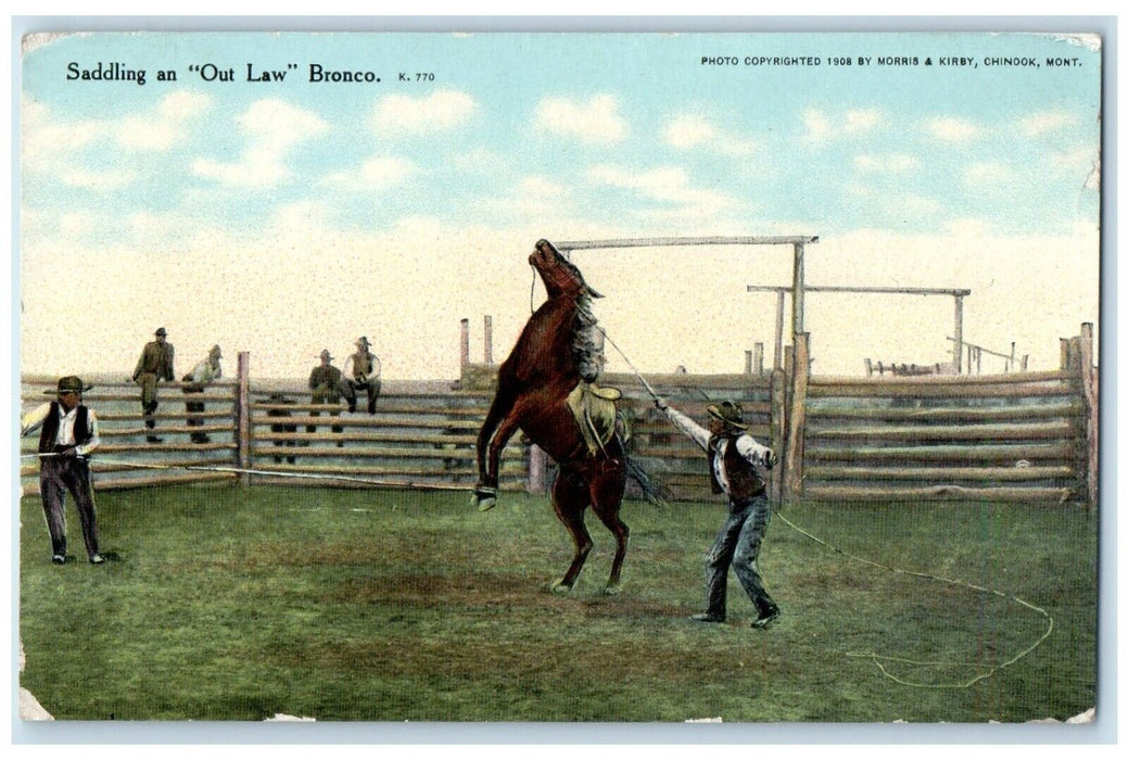 c1910's Saddling On Out Law Bronco Rodeo Cowboy Horse Unposted Antique Postcard