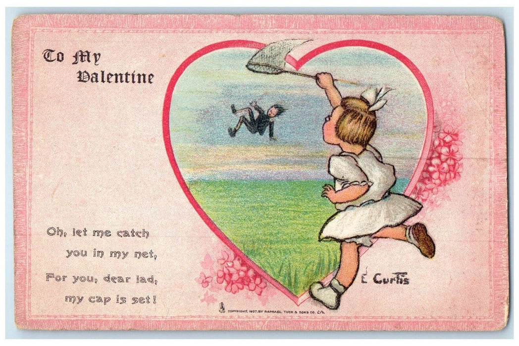 c1910's Valentine Girl Catching Boy Let Me Catch You In My Net Tuck's Postcard