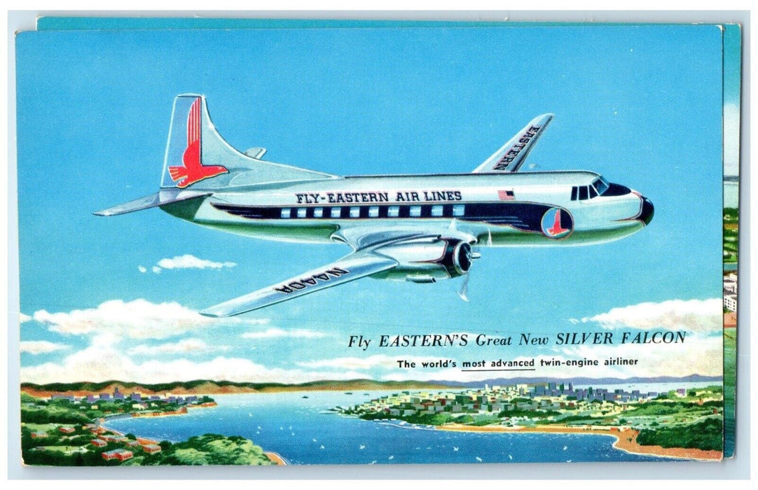 c1960's Fly Eastern's Great New Silver Falcon Twin Engine Airliner Postcard