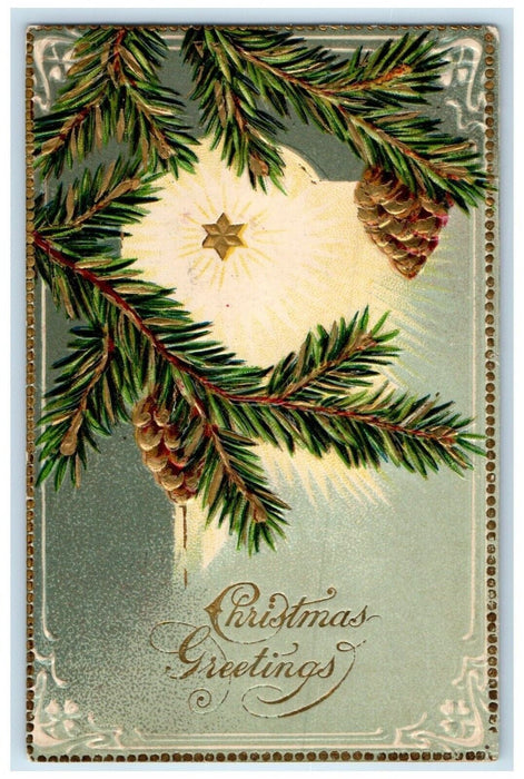 1909 Christmas Greetings Pine Cone Embossed Hudson New York NY Embossed Postcard