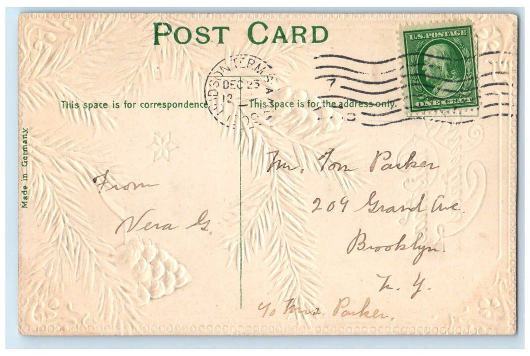 1909 Christmas Greetings Pine Cone Embossed Hudson New York NY Embossed Postcard