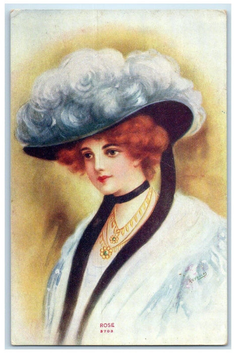 1912 Pretty Woman Rose Big Hat Feather Bloomingburg Ohio OH Antique Postcard