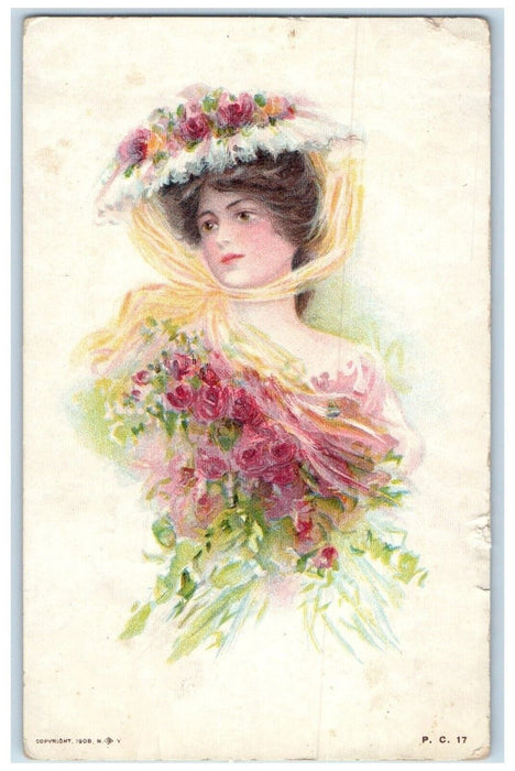 1909 Pretty Woman Floral Hat Flowers London Ohio OH Posted Antique Postcard