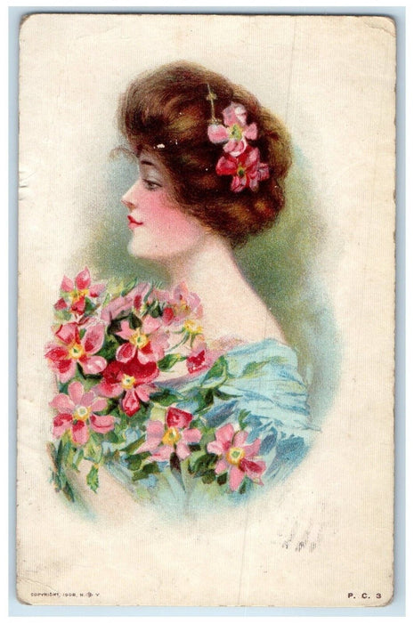 1909 Victorian Pretty Woman With Flowers Sedalia Ohio OH Posted Antique Postcard