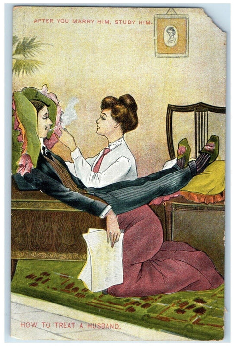 1910 Couple Smoking Cigarette How To Treat A Husband Bloomingburg OH Postcard