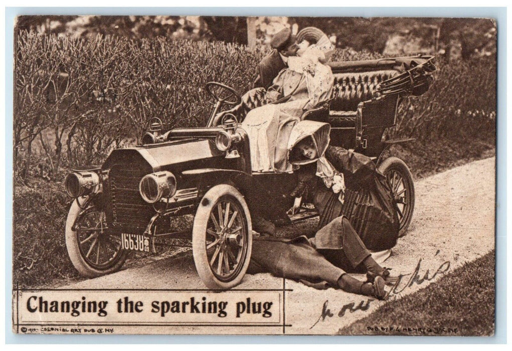 1910 Couple Romance Kissing Man Fixing Car Changing Sparking Plug Postcard