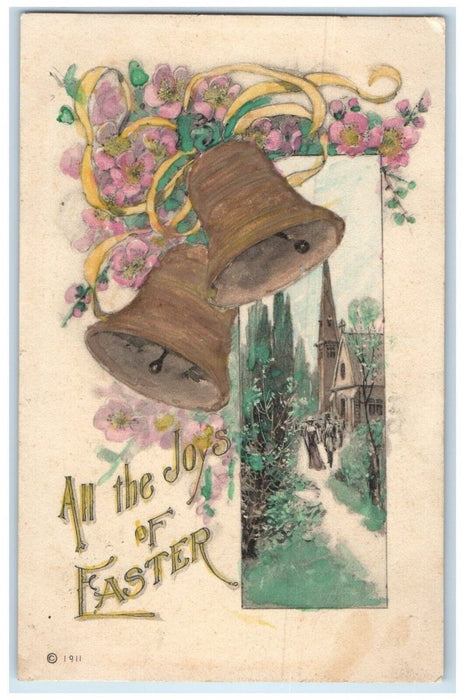 1912 Easter Ringing Bells Flowers Handpainted Art Jeffersonville OH Postcard