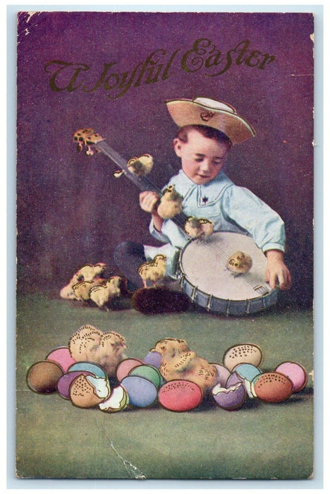 c1910's Easter Little Boy With Banjo Baby Chicks Hatched Eggs Antique Postcard