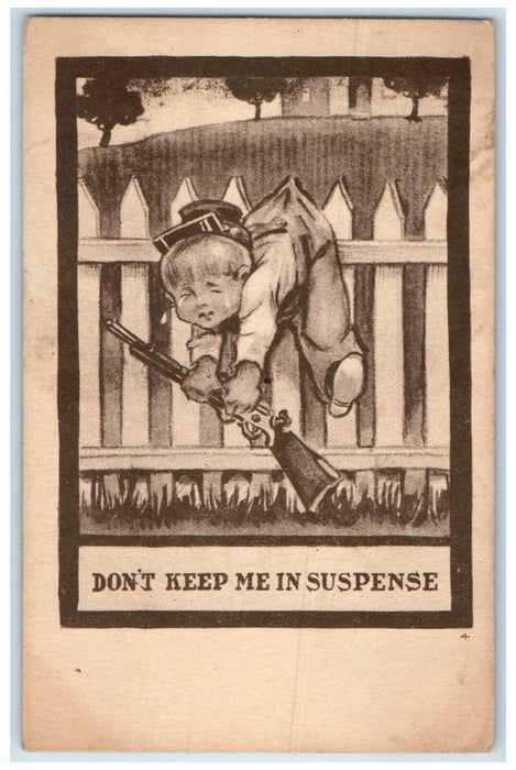 1913 Boy Holding Gun Don't Keep Me In Suspense Royalton Vermont VT Postcard