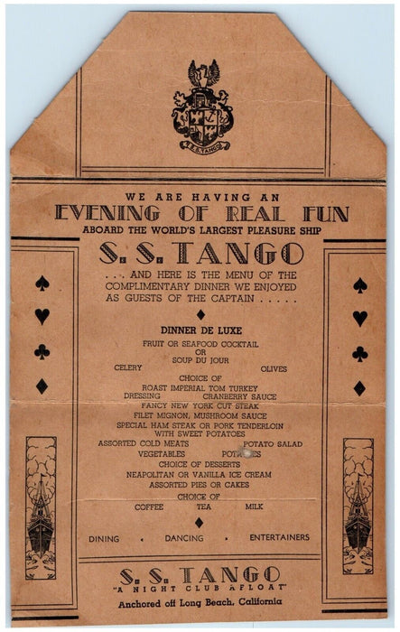 c1930's SS Tango Prohibition Casino Ship Menu Long Beach California CA Postcard