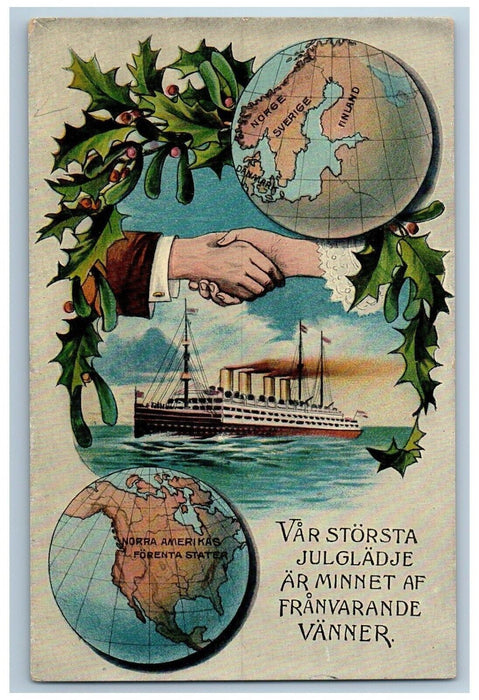 Sweden Christmas Steamer Ship Absent Friends Holly Berries Antique Postcard