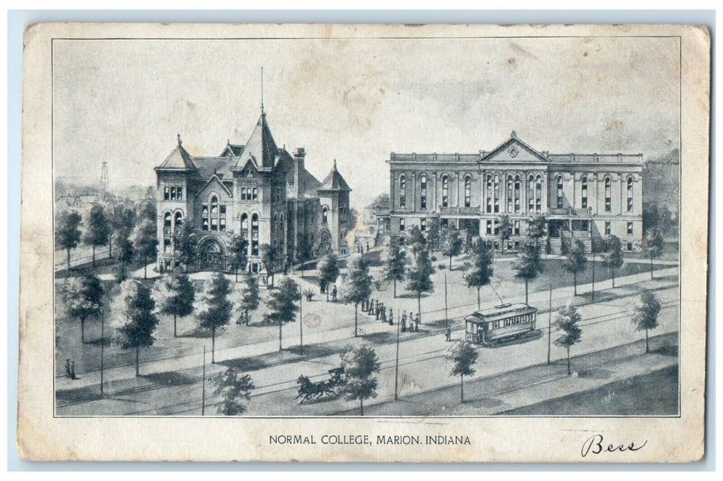 c1910's Normal College Building Trolley Marion Indiana IN Antique Postcard