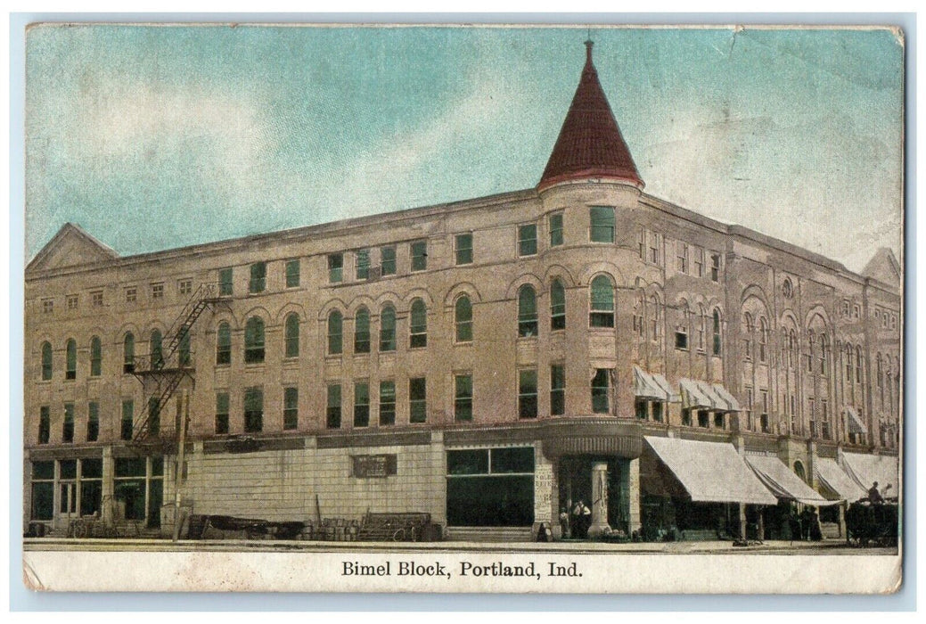 1909 Bimel Block Building Scene Street Portland Balbec Indiana IN Postcard
