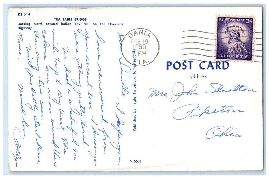 1959 Tea Table Bridge Looking North Toward Indian Key Fill Dania FL Postcard