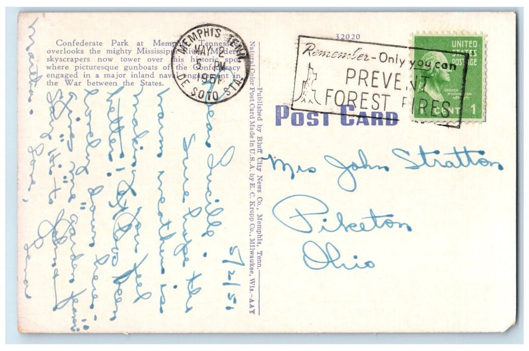 1951 Confederate Park Post Office And Mississippi River Cars Memphis TN Postcard