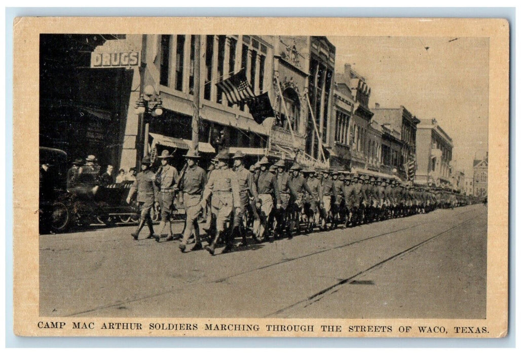 c1910's Camp Mac Arthur Soldiers Marching Streets Of Waco Texas TX Postcard