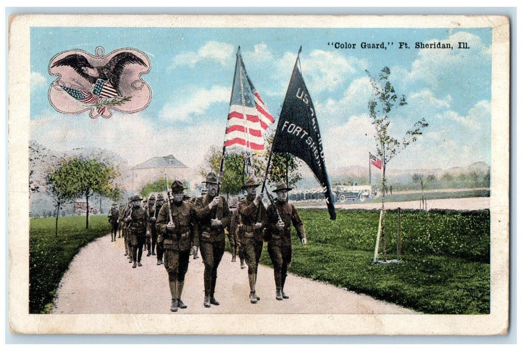 c1910's Color Guard Ft. Sheridan Illinois IL Military Soldier Flags Postcard