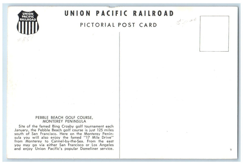 Pebble Beach Golf Course Monterey Peninsula Union Pacific Railroad Postcard