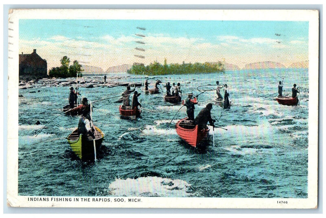 1934 Indians Fishing In The Rapids Soo Michigan MI, Canoe Boating Postcard