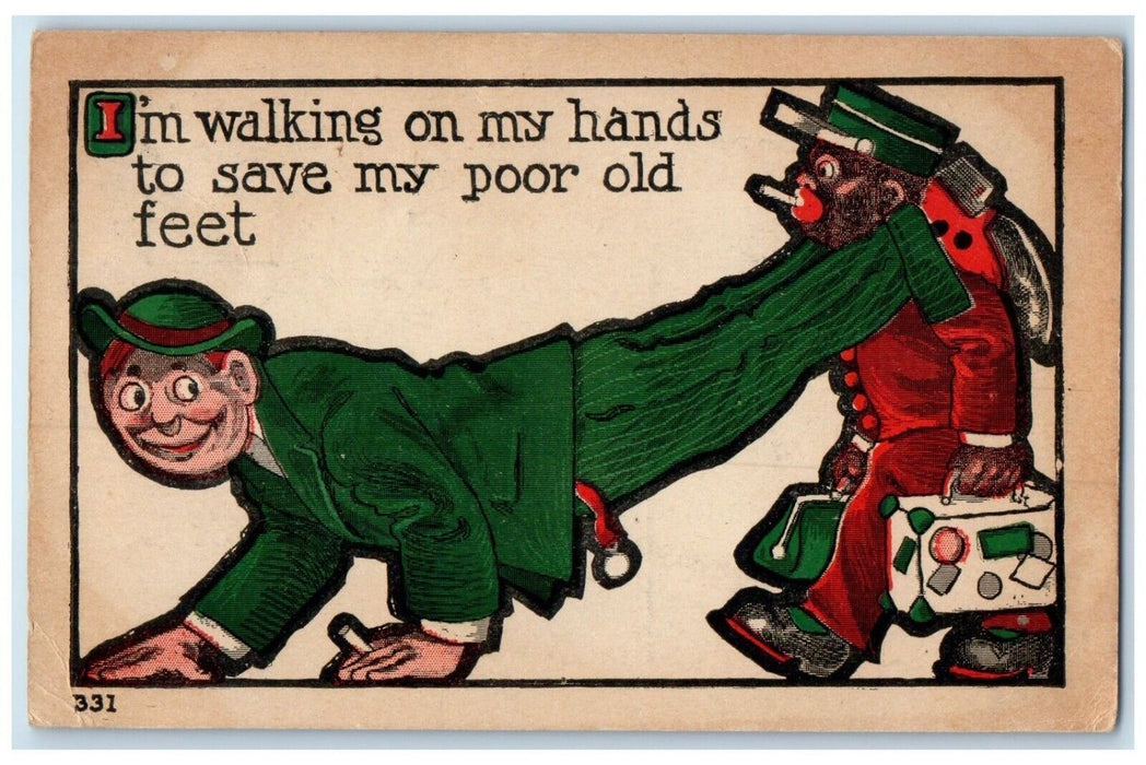 1909 Weird Humor Bellhop I'm Walking On My Hand Stuttgart Kansas KS Postcard