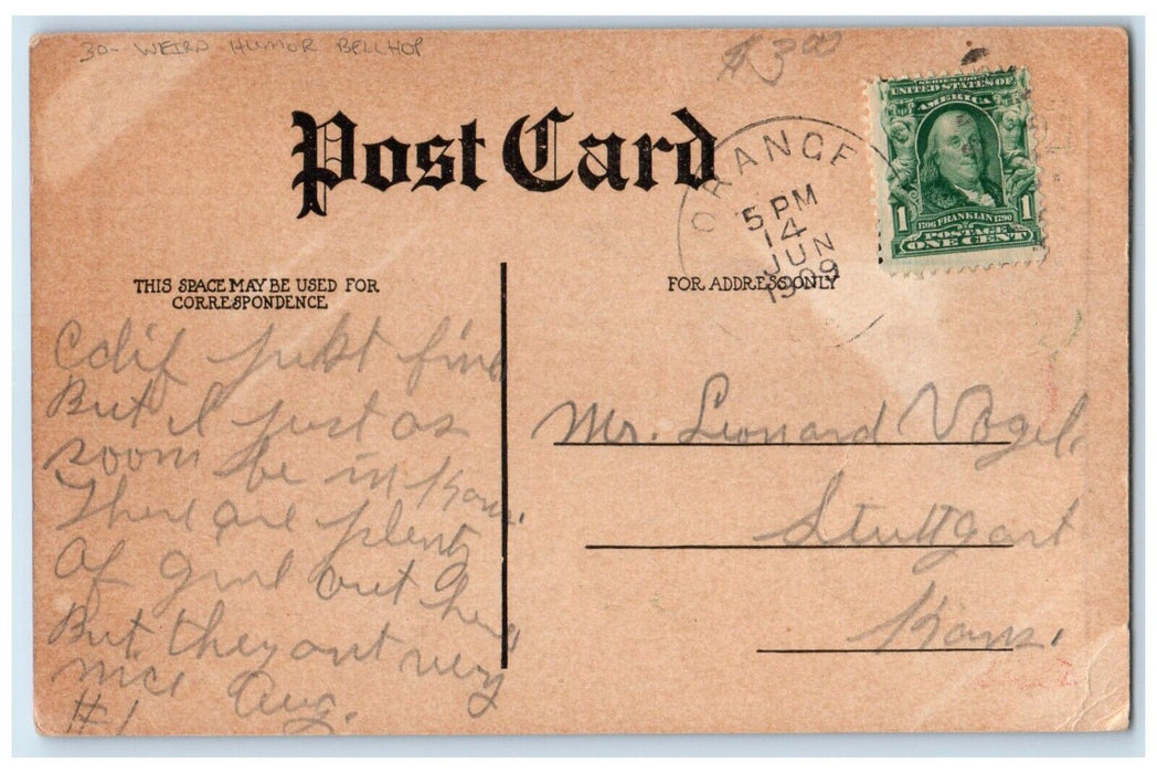 1909 Weird Humor Bellhop I'm Walking On My Hand Stuttgart Kansas KS Postcard
