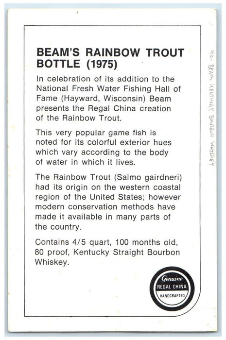 1975 Beam Rainbow Trout Kentucky Bourbon Whiskey Hayward WI Vintage Postcard