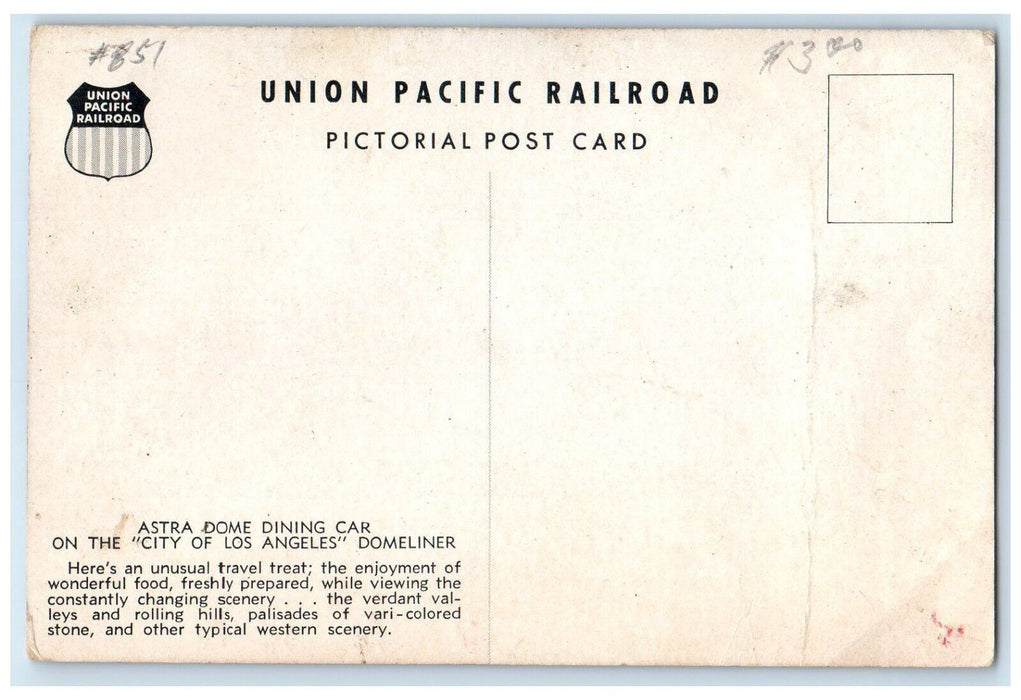 Astra Dome Dining Car City Of Los Angeles Union Pacific Railroad Postcard