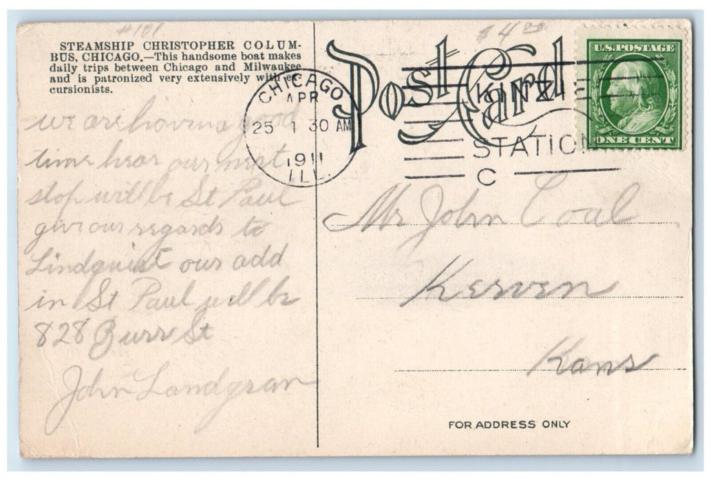 1911 Steamship Christopher Columbus Chicago Illinois IL Posted Antique Postcard