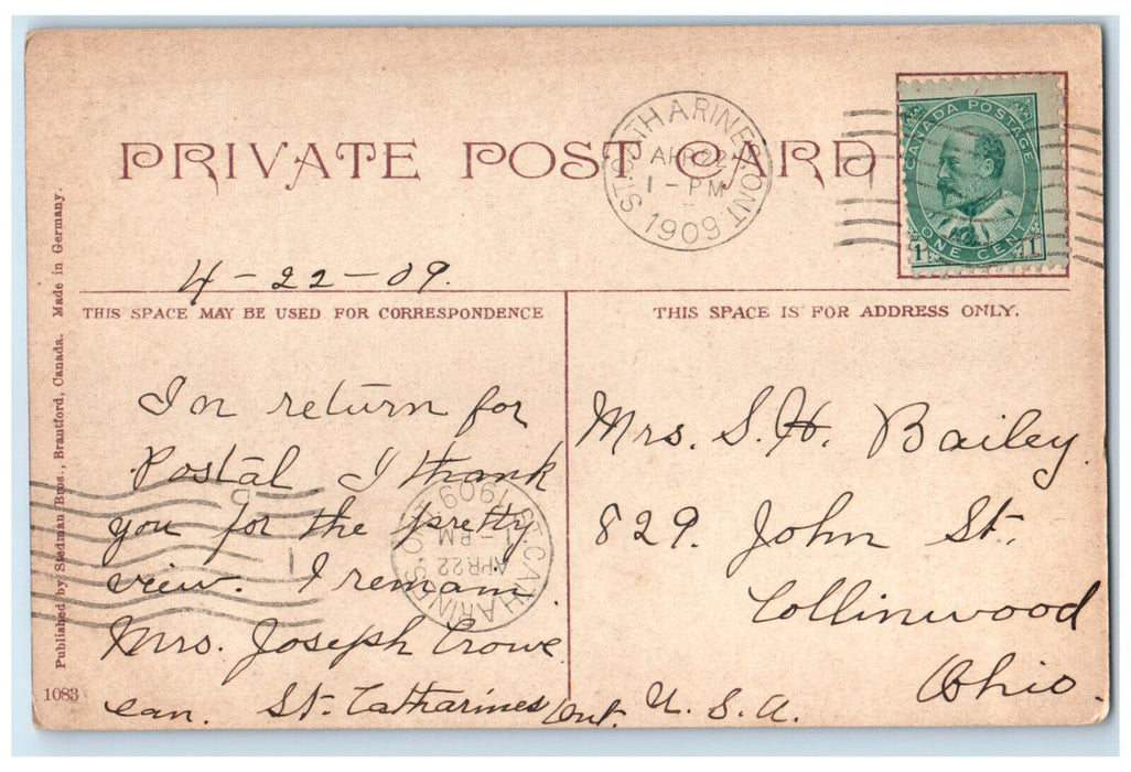 1909 St. Joseph's Convent St. Catharines Ontario Canada Posted Antique Postcard