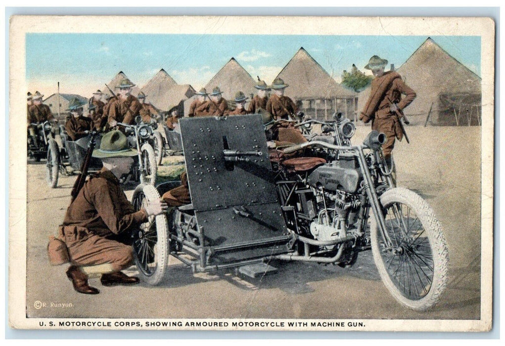 c1930's US Motorcycle Corps Showing Armoured Motorcyle With Machine Gun Postcard