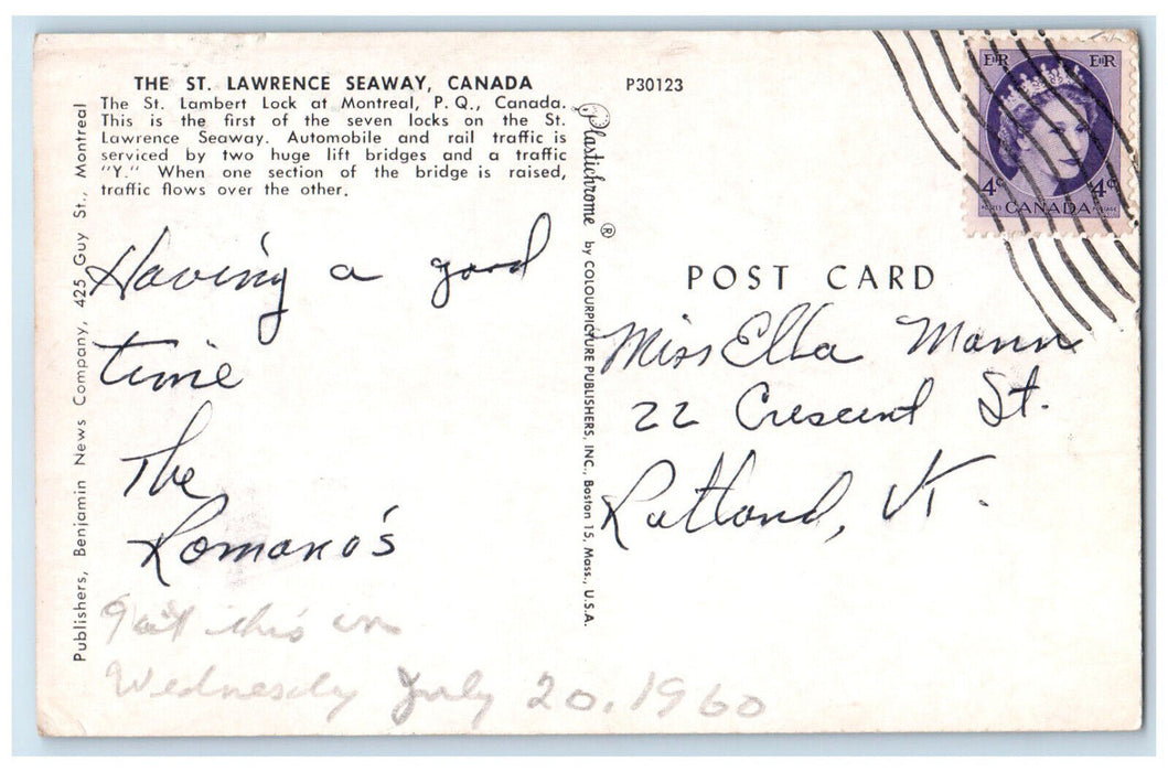 1960 The St. Lawrence Seaway Montreal Quebec Canada Antique Posted Postcard