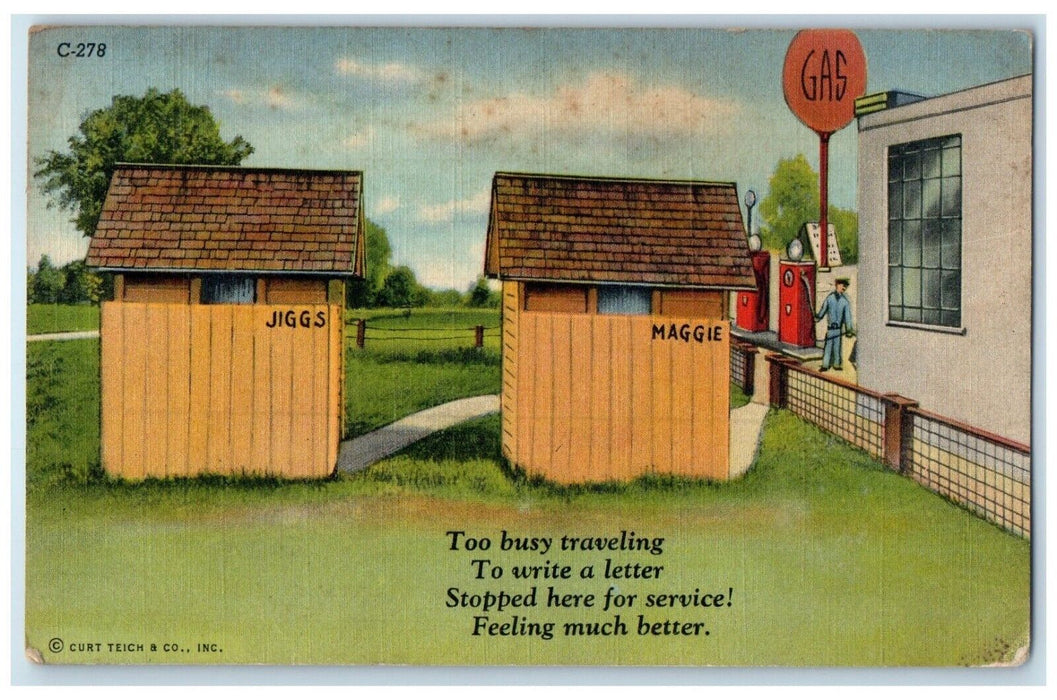 1945 Cabin House Too Busy Traveling Gas Station US Navy Sailor Mail Postcard
