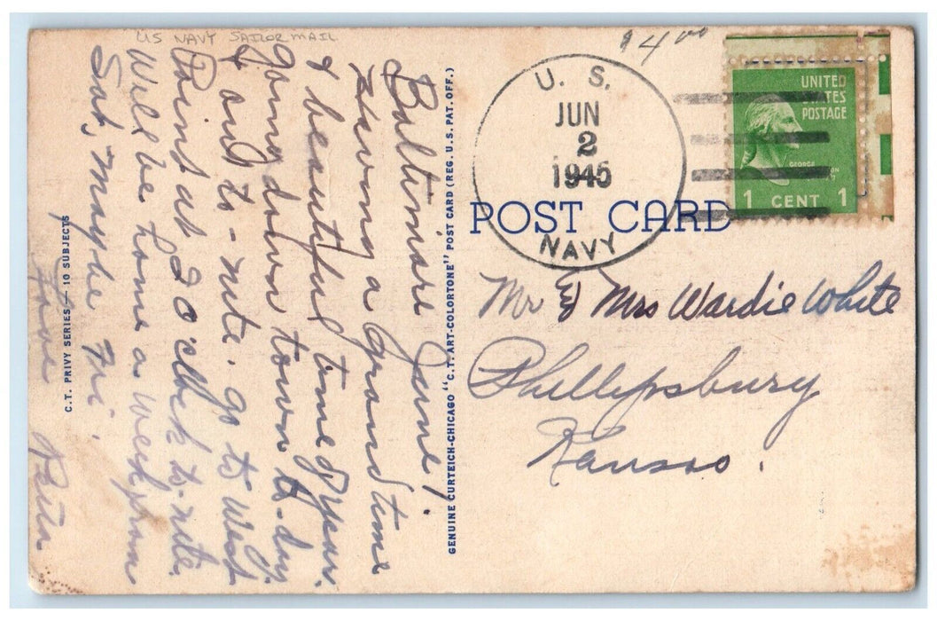 1945 Cabin House Too Busy Traveling Gas Station US Navy Sailor Mail Postcard