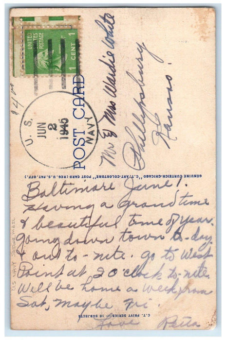 1945 Cabin House Too Busy Traveling Gas Station US Navy Sailor Mail Postcard