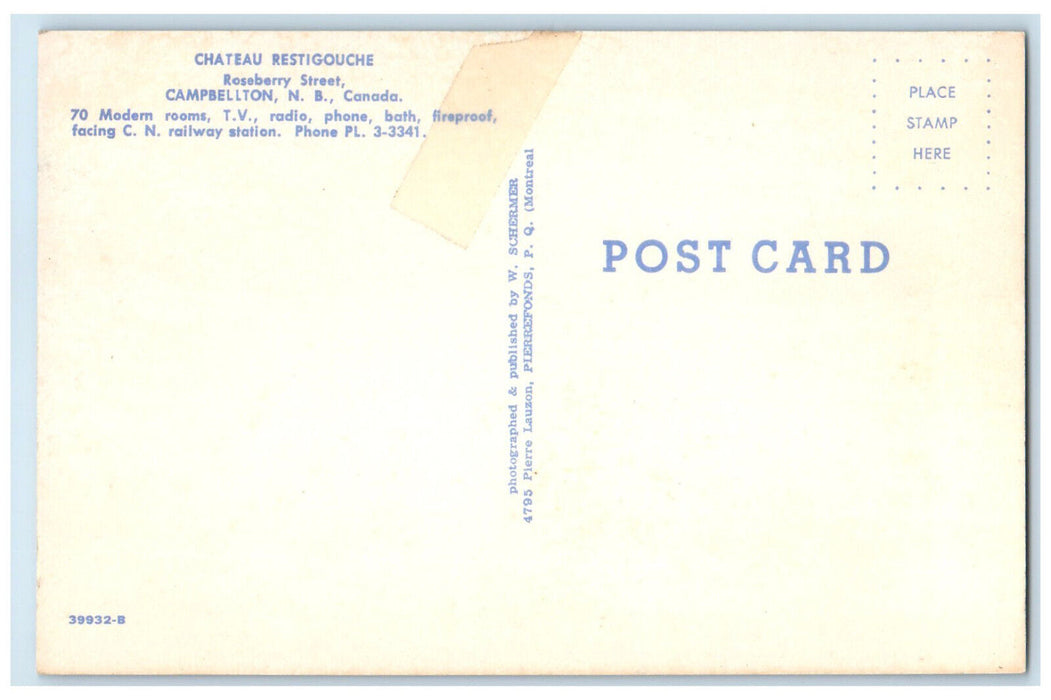 c1950's Chateau Restigouche Campbellton New Brunswick Canada Vintage Postcard