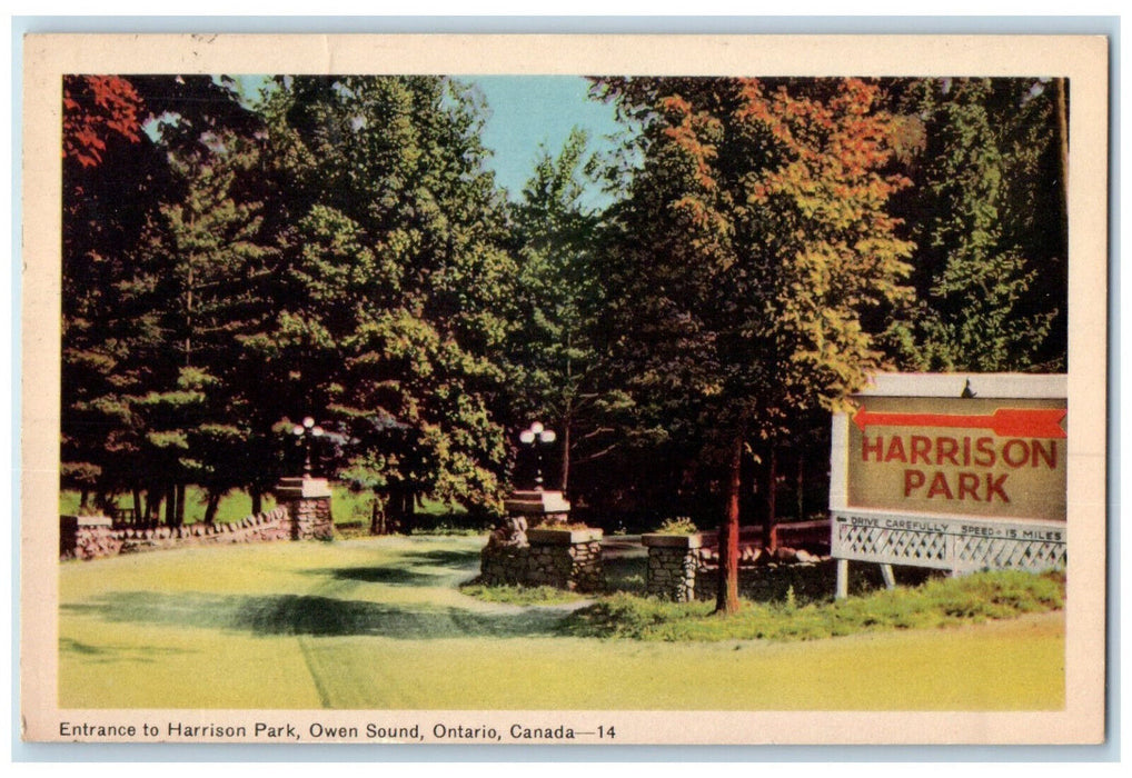 c1940's Entrance to Harrison Park Owen Sound Ontario Canada Vintage Postcard