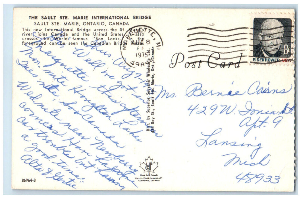 1975 The Sault Ste. Marie International Bridge Ontario Canada Postcard