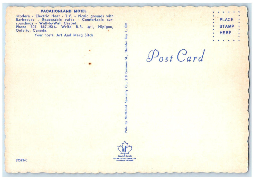 c1960's Vacationland Motel Highway 17 W. Nipigon Ontario Canada Postcard