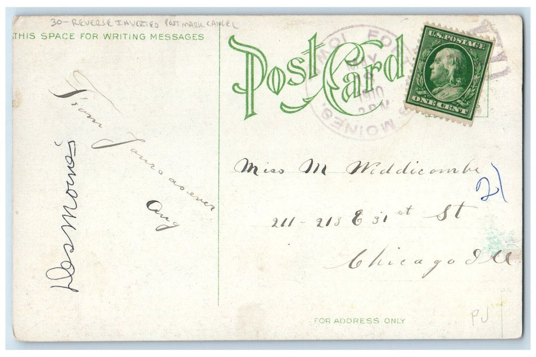 1910 Union Park Des Moines Iowa IA, Reverse Inverted Postmark Cancel Postcard