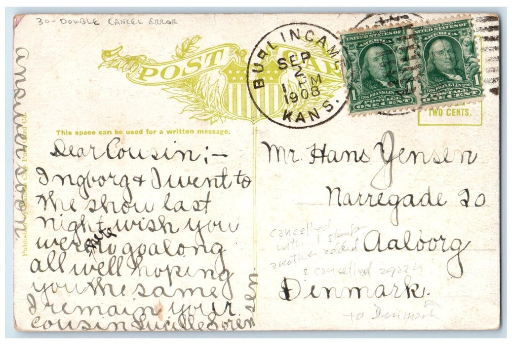 1908 Schuyler School Burlingame Kansas KS, Double Cancel Error Antique Postcard