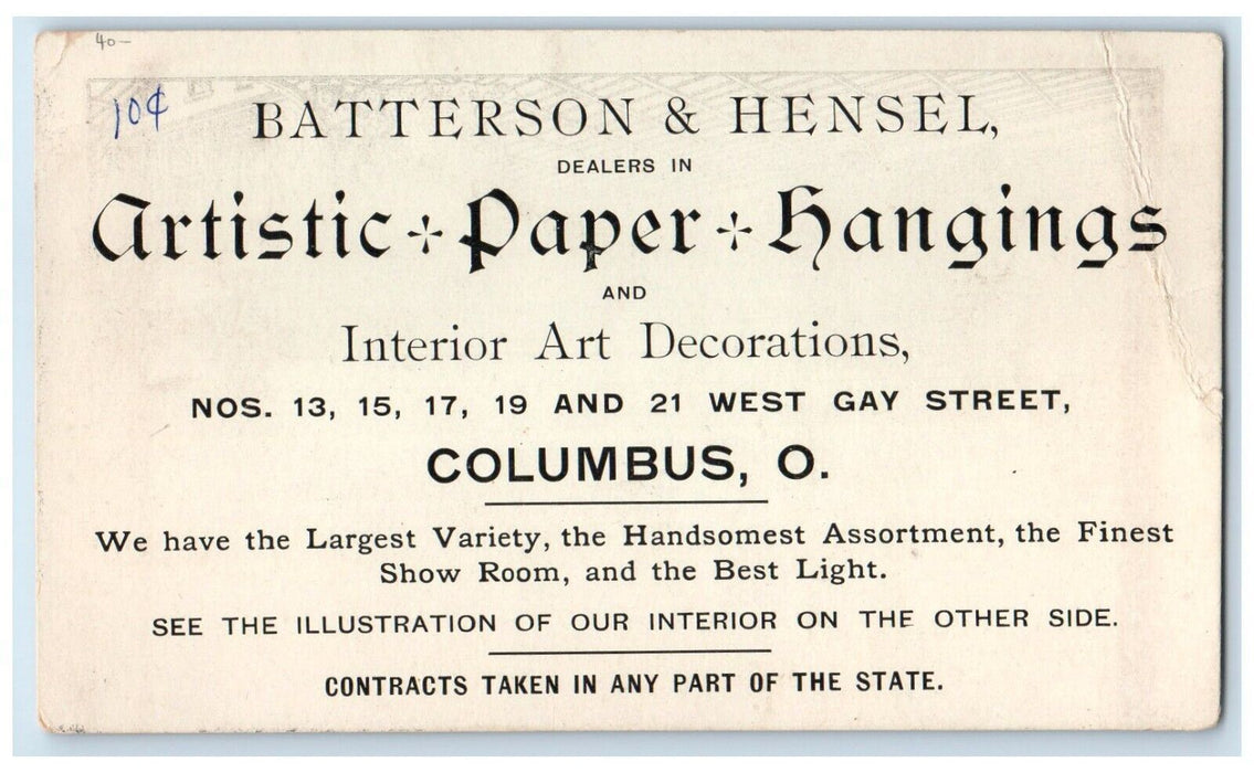 c1900 Hensel Artistic Paper Hangings Wallpaper Columbus OH Advertising Postcard