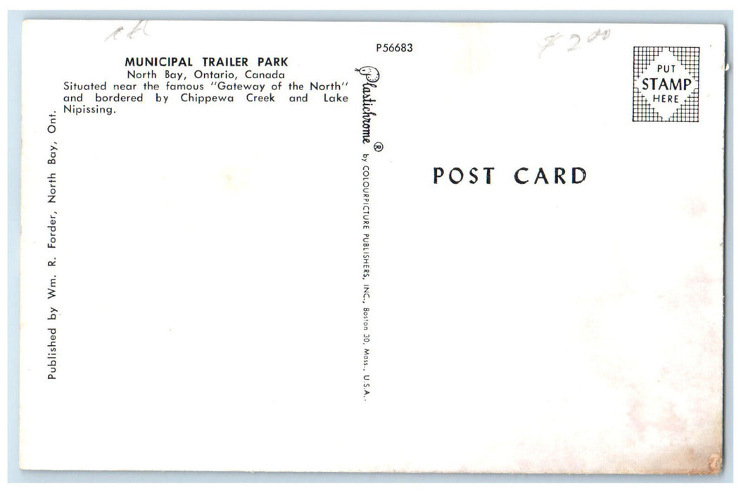 c1960's Municipal Trailer Park North Bay Ontario Canada Unposted Postcard