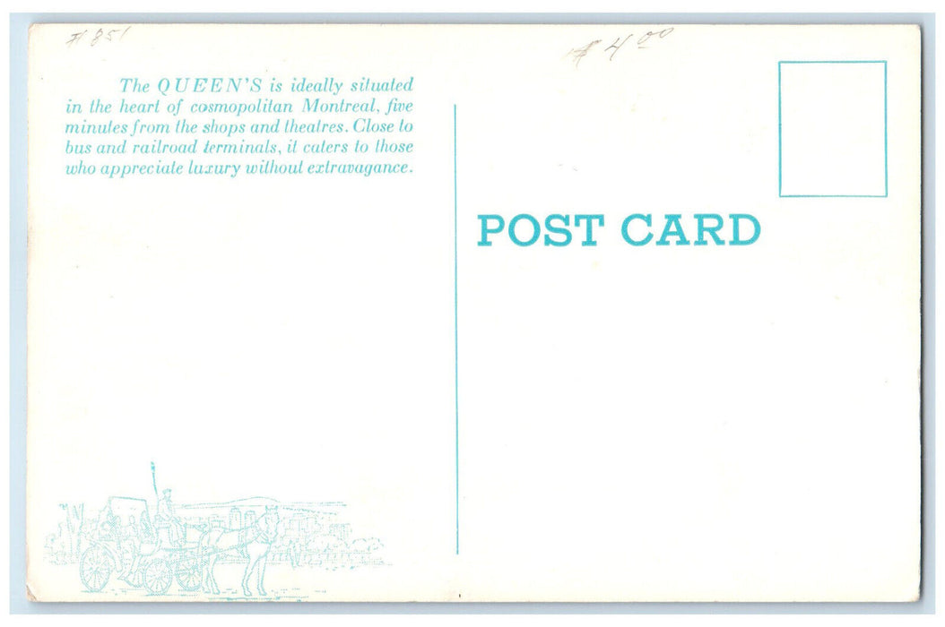 c1950's The Queen's Hotel In The Heart of Downtown Montreal Canada Postcard