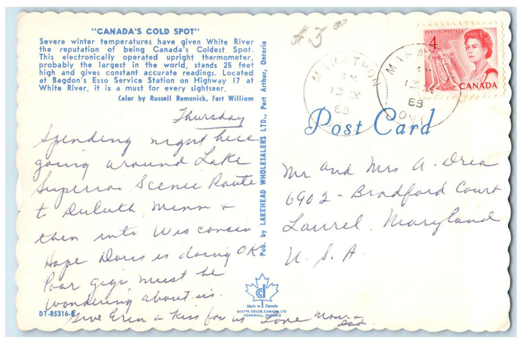 c1960's White River The Coldest Spot Big Temperature Measure Canada Postcard