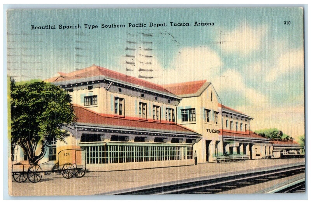 1945 Beautiful Spanish Type Southern Pacific Depot Road Tucson Arizona Postcard