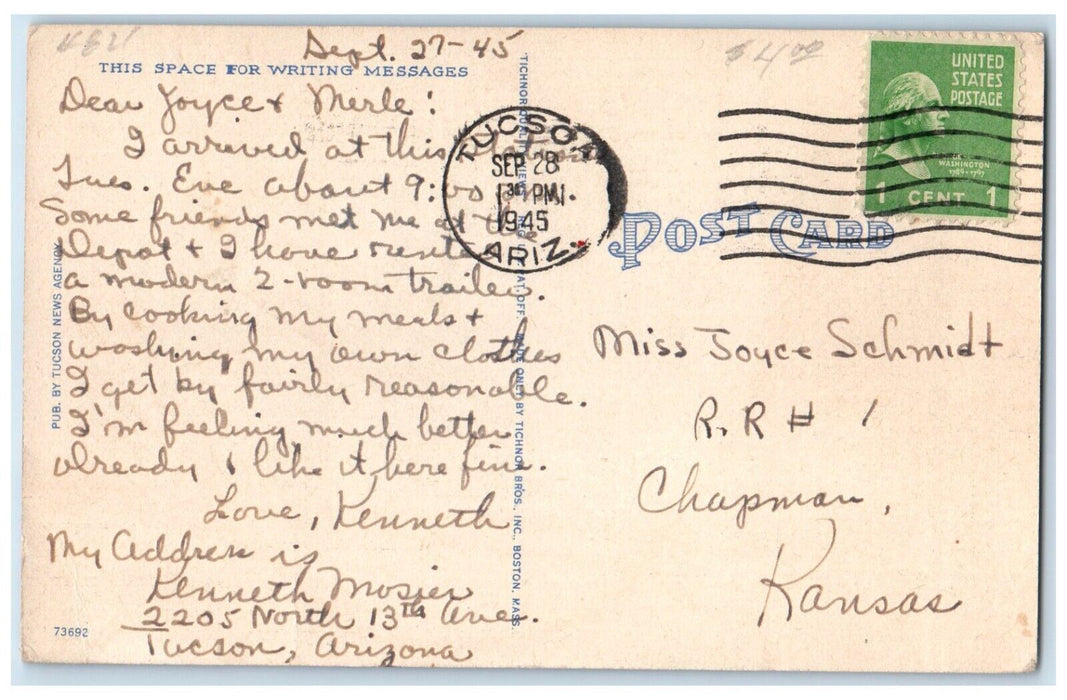 1945 Beautiful Spanish Type Southern Pacific Depot Road Tucson Arizona Postcard