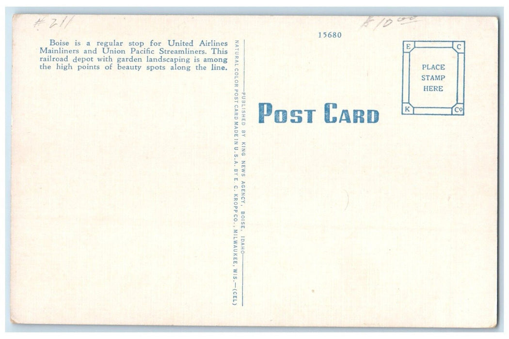 c1940 Union Pacific Depot Howard Platt Gardens Exterior Boise Idaho ID Postcard