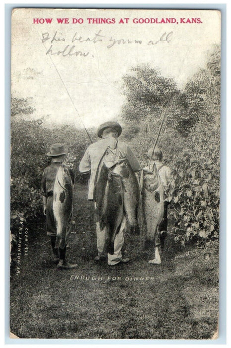 1920 Fishermen Caught Exaggerated Fishes Goodland Kansas KS Antique Postcard