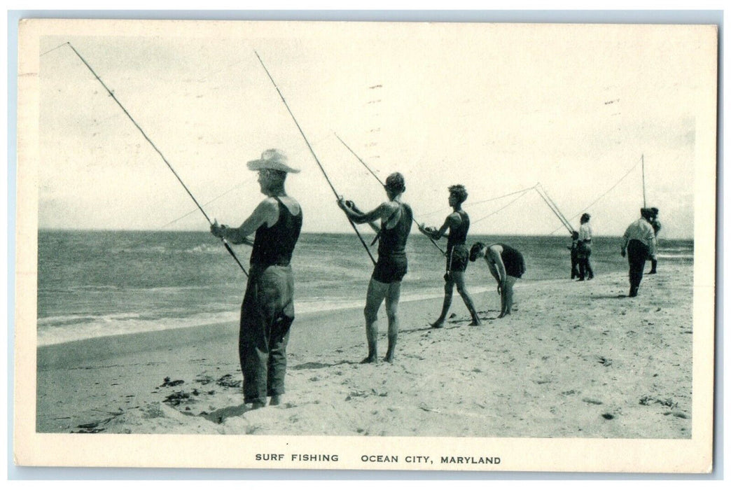1934 Surf Fishing Ocean City Maryland MD, Beach Sand Scene Vintage Postcard