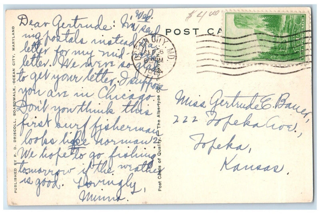 1934 Surf Fishing Ocean City Maryland MD, Beach Sand Scene Vintage Postcard